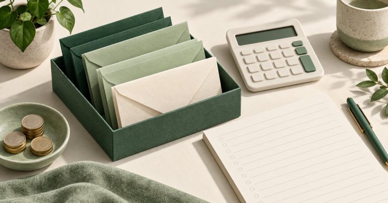 Envelopes, a calculator and a blank planning notebook arranged on a desk.