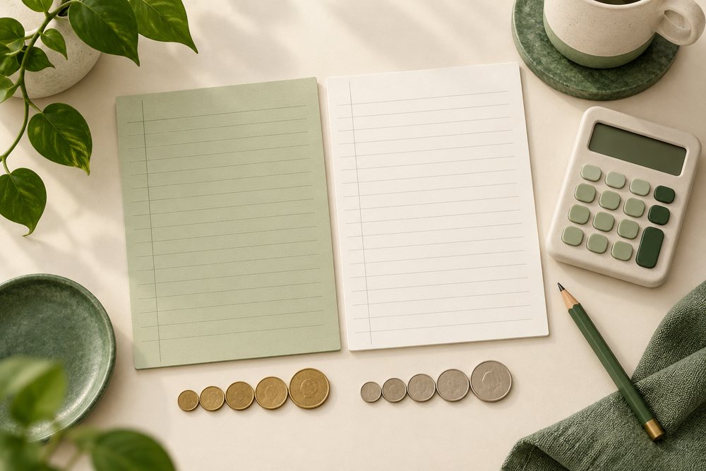 Two blank planning sheets with a calculator and rows of coins.